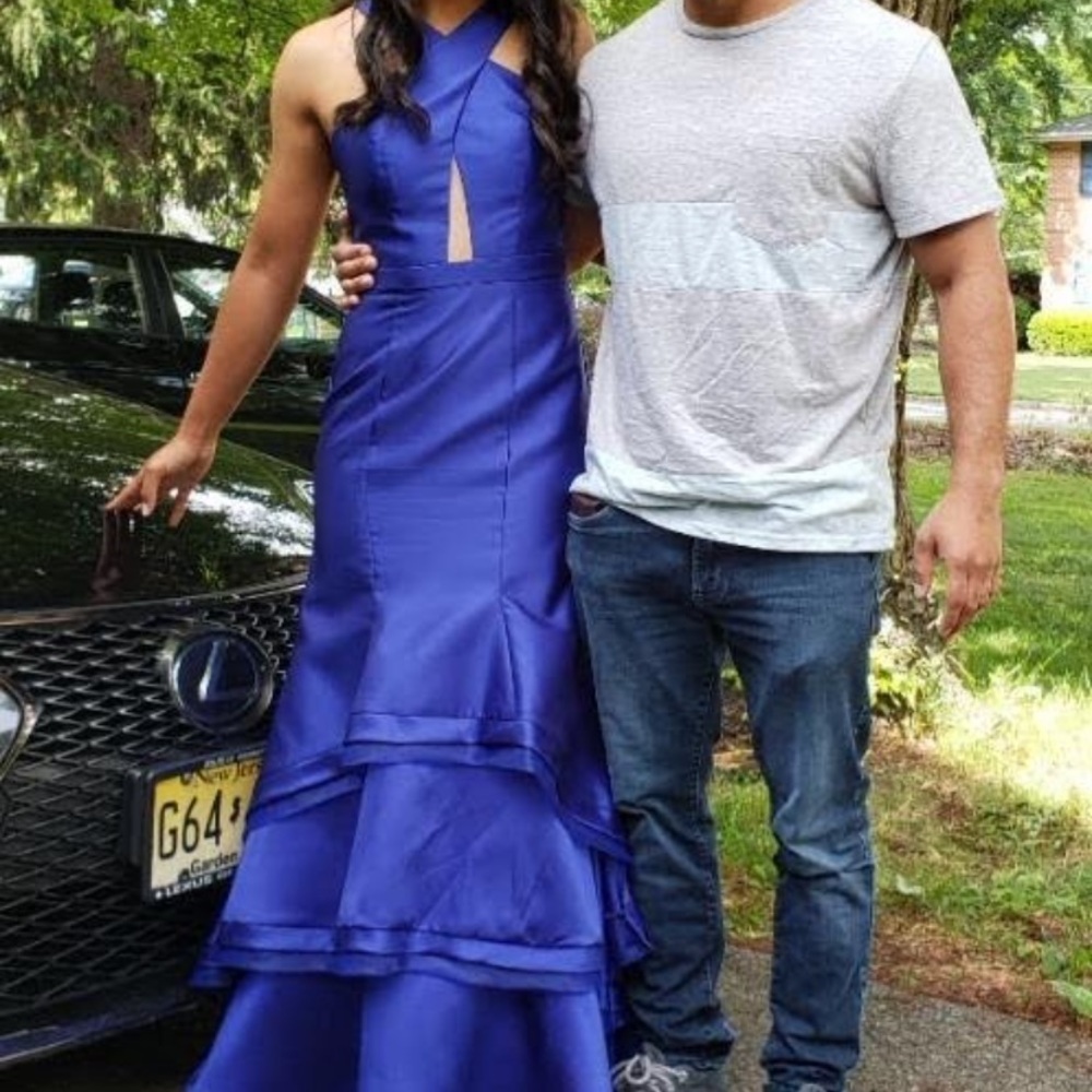 Womens Cross Neck Blue Tiered Mermaid Dress